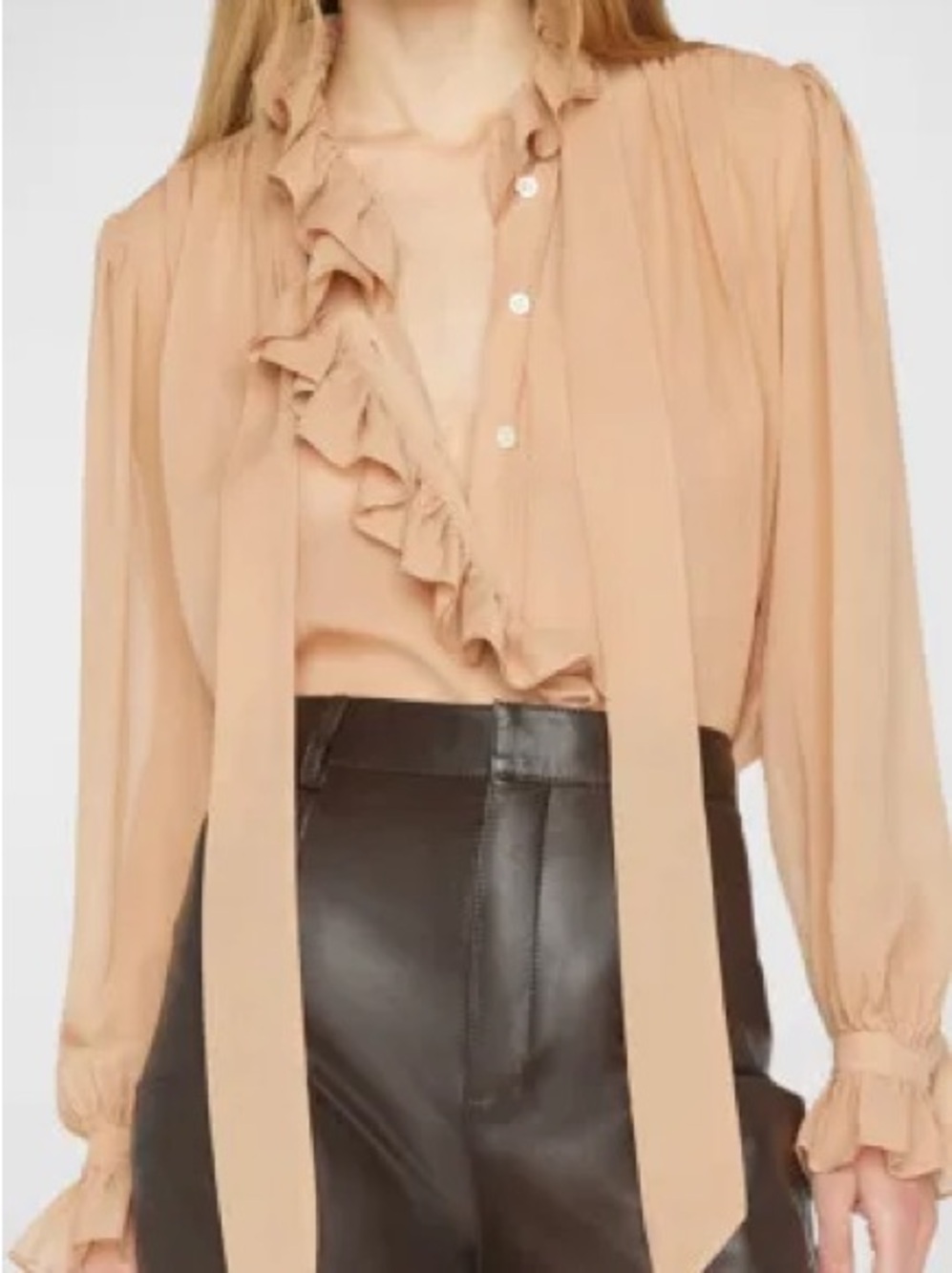 Frame Denim Ruffled Tie-Neck Blouse in Camel